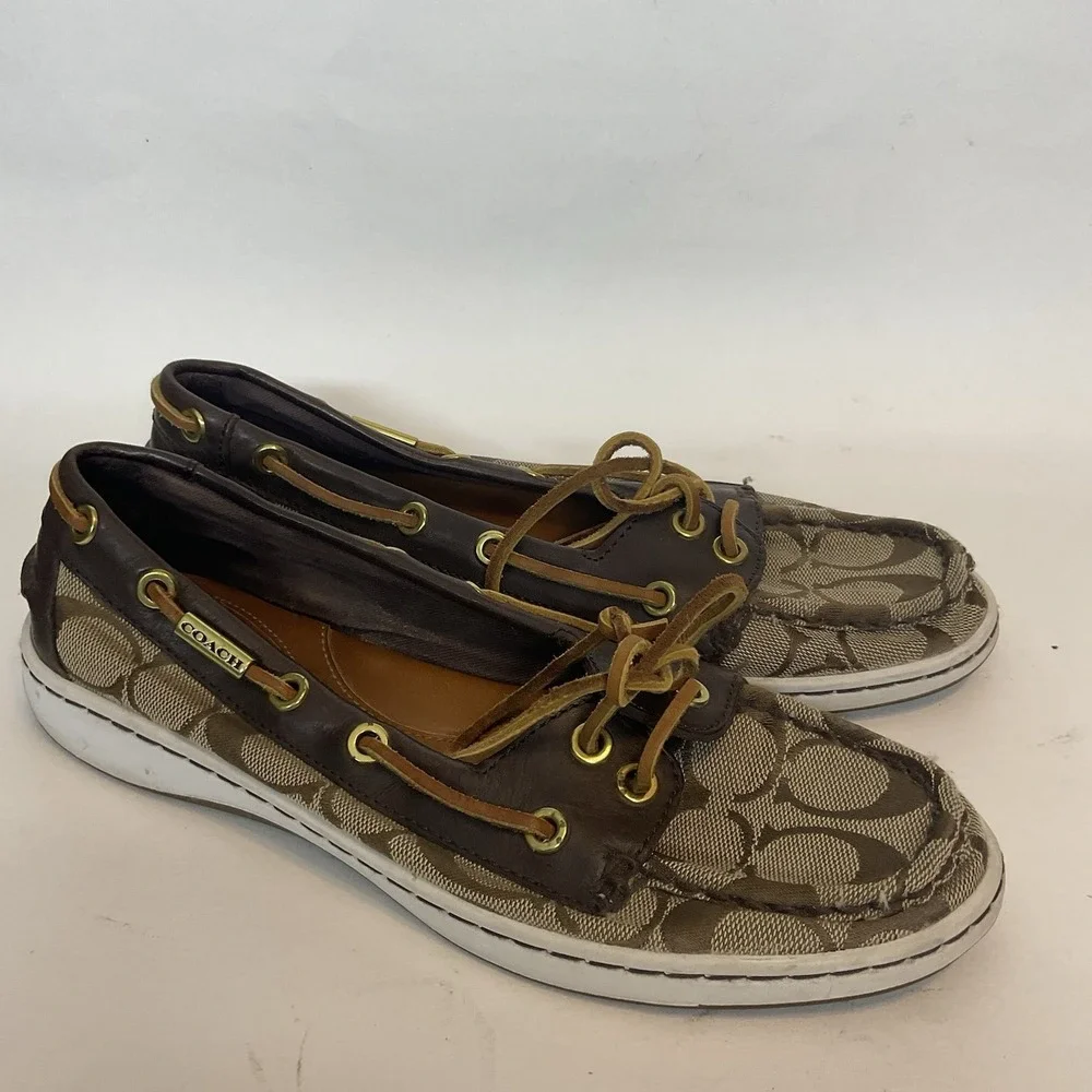 Coach Richelle Topsider Boat Shoes Canvas Leather‎ brown Womens Size 7B Monogram